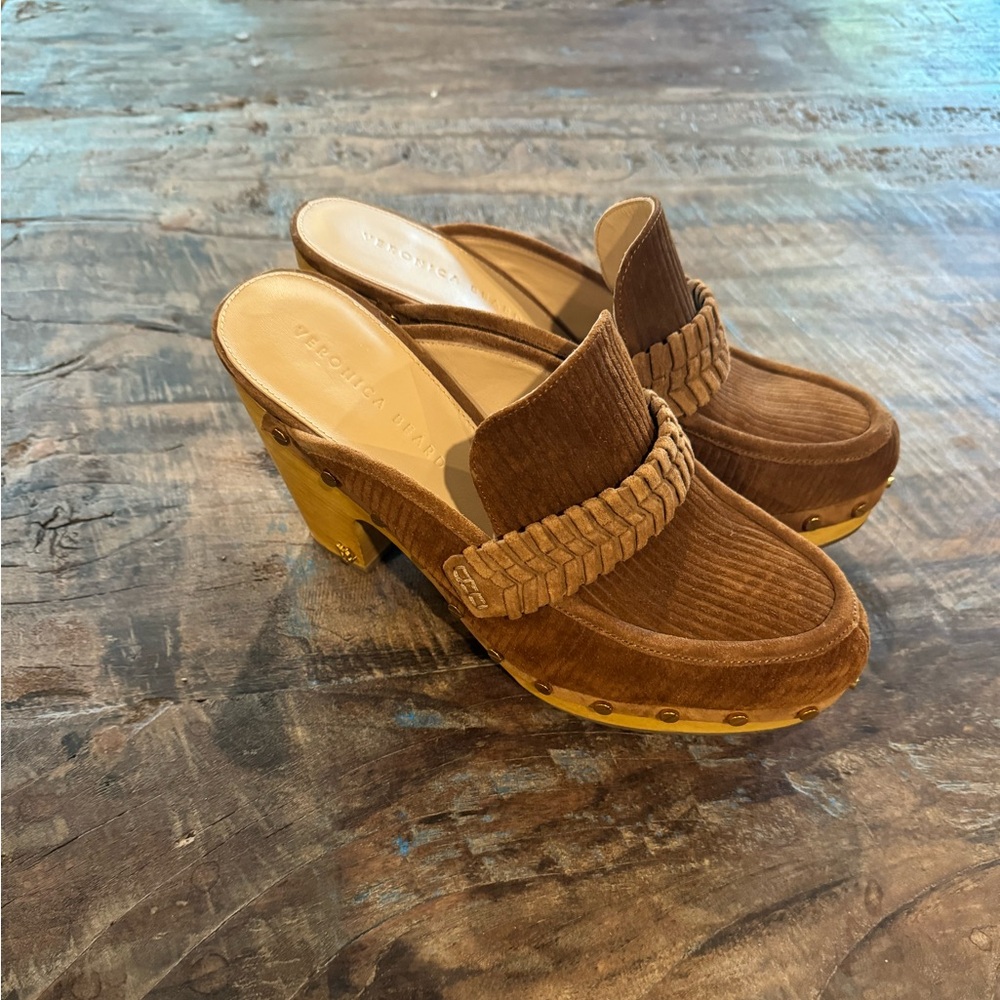 Veronica Beard Brown Mules with Tan Wooden Heel